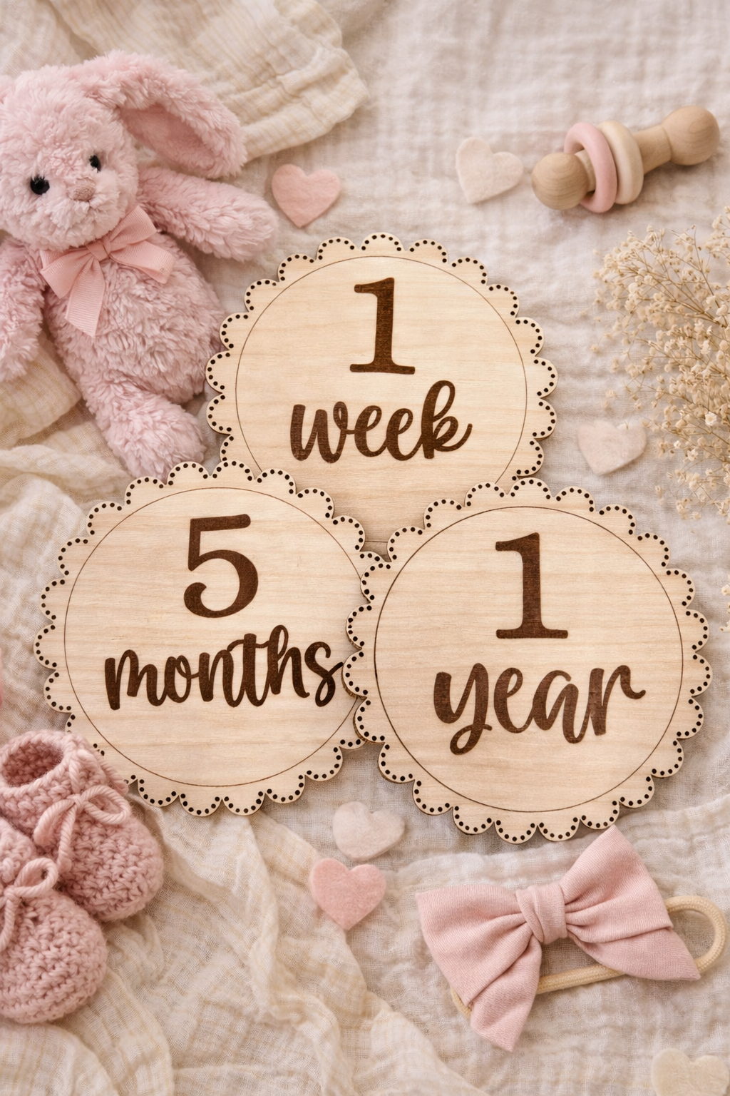 Baby Girl Milestone Discs – Wooden Monthly Milestone Set | First Year Photo Props | Neutral Nursery Keepsake Gift