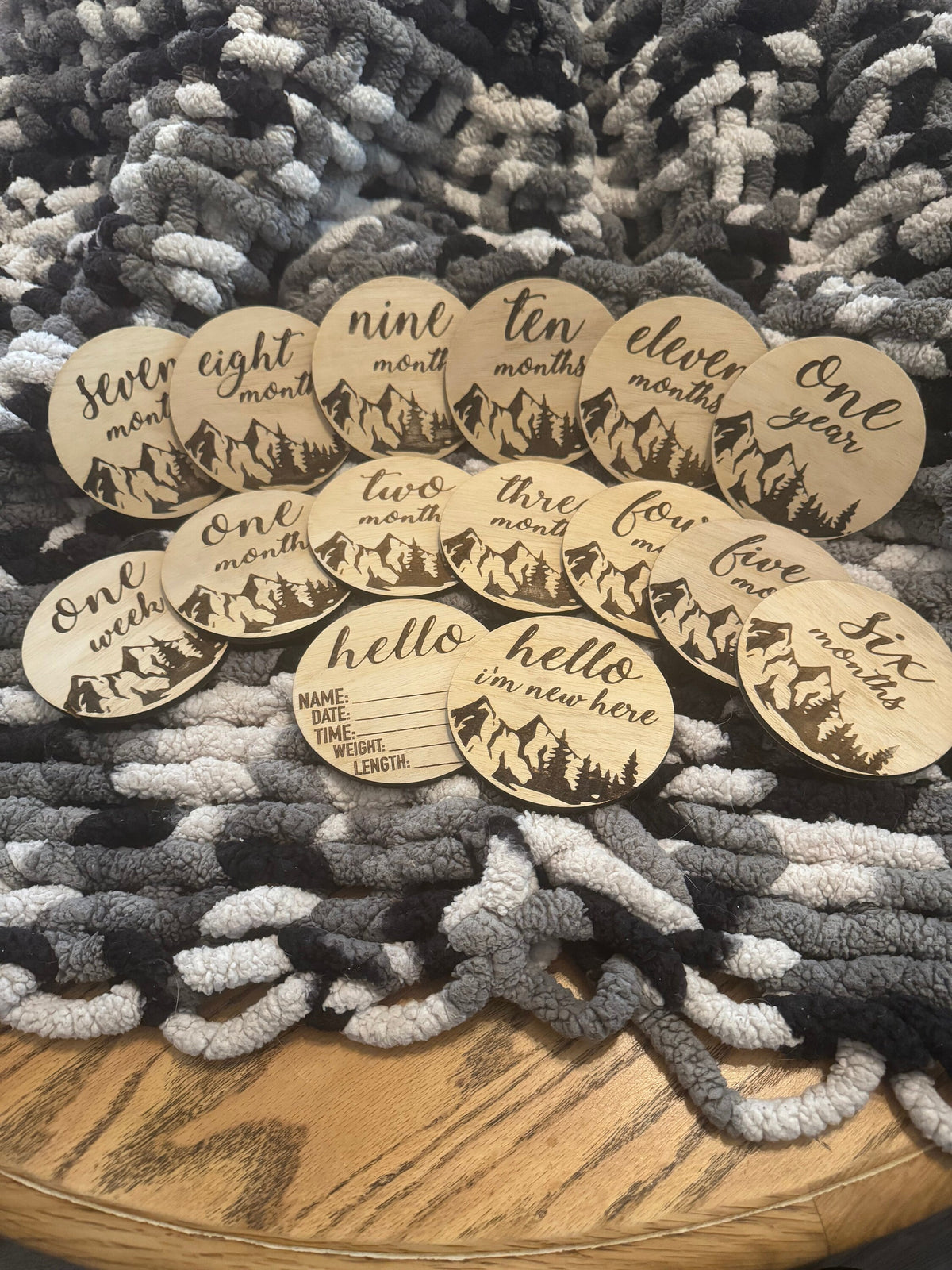 Engraved Wood Baby Milestone Cards – Mountain Design, Newborn Photo Props