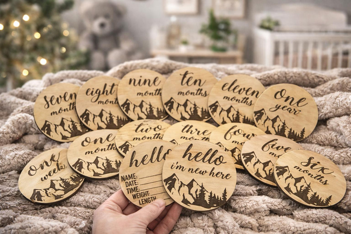 Engraved Wood Baby Milestone Cards – Mountain Design, Newborn Photo Props