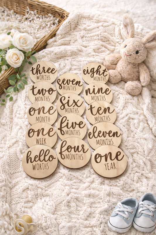 Wooden Baby Milestone Discs | One Week to One Year | Engraved Monthly Photo Prop Set | Neutral Newborn Gift