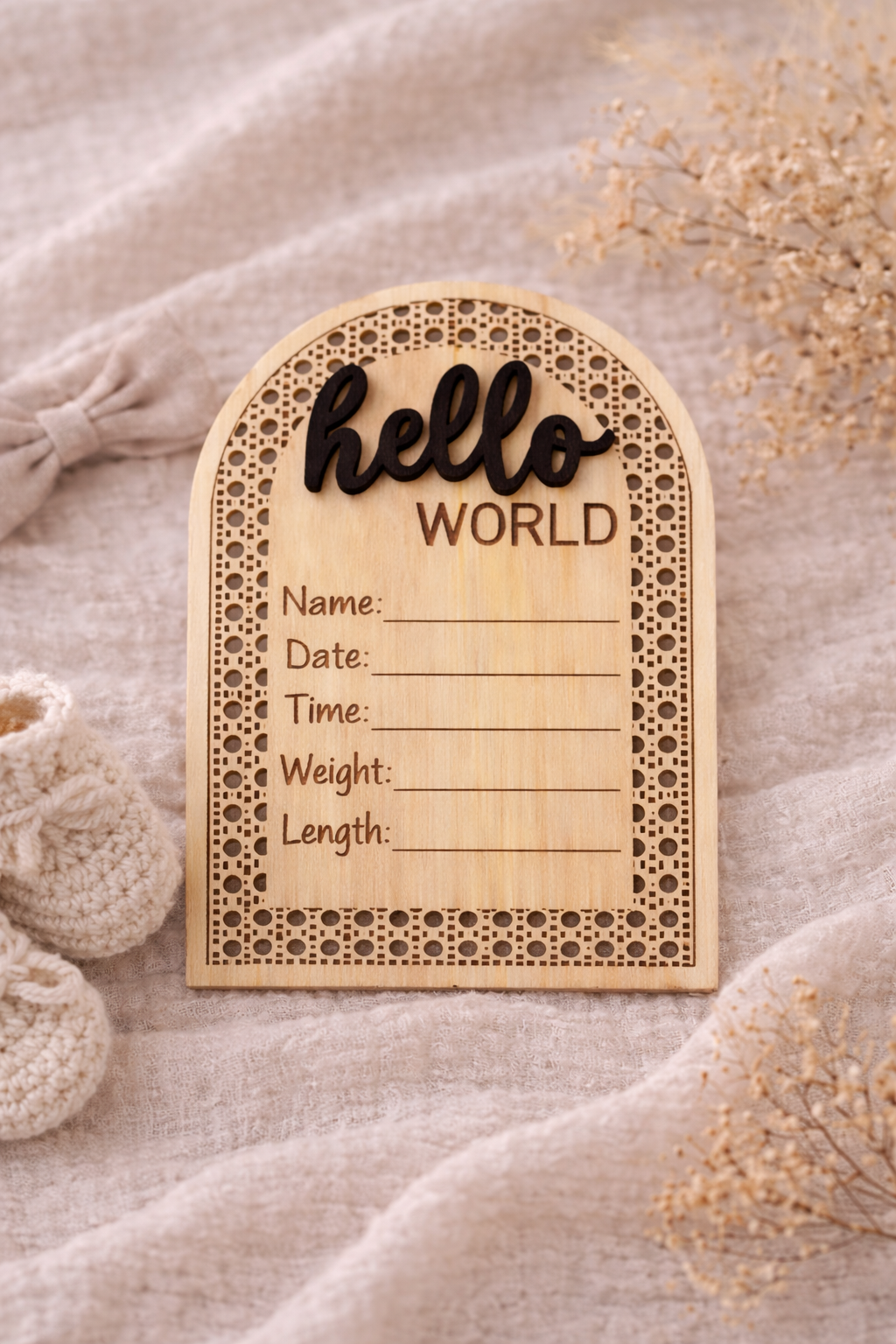 Baby Hello World Birth Announcement Sign — Personalized Wooden Newborn Photo Prop & Nursery Keepsake