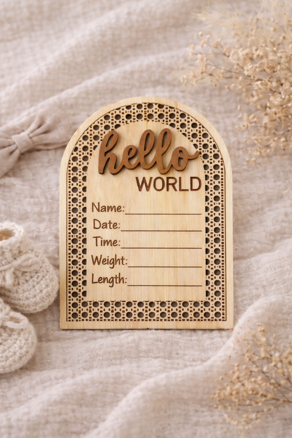 Baby Hello World Birth Announcement Sign — Personalized Wooden Newborn Photo Prop & Nursery Keepsake