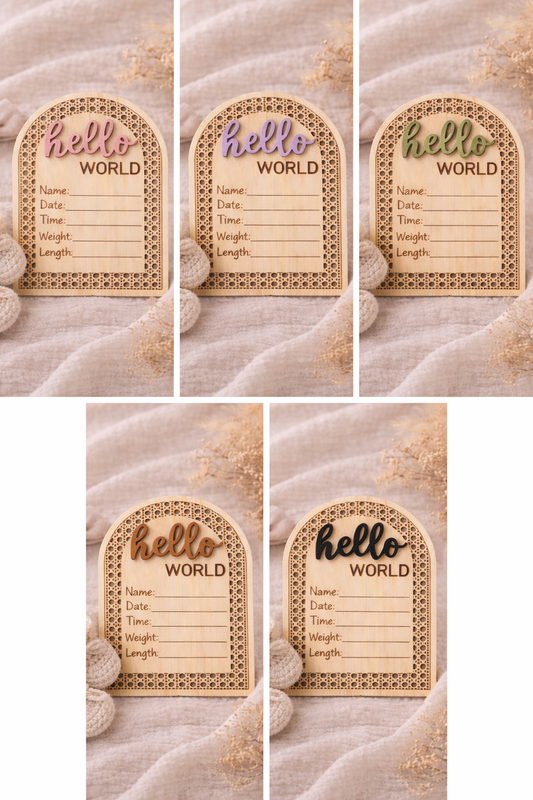 Baby Hello World Birth Announcement Sign — Personalized Wooden Newborn Photo Prop & Nursery Keepsake