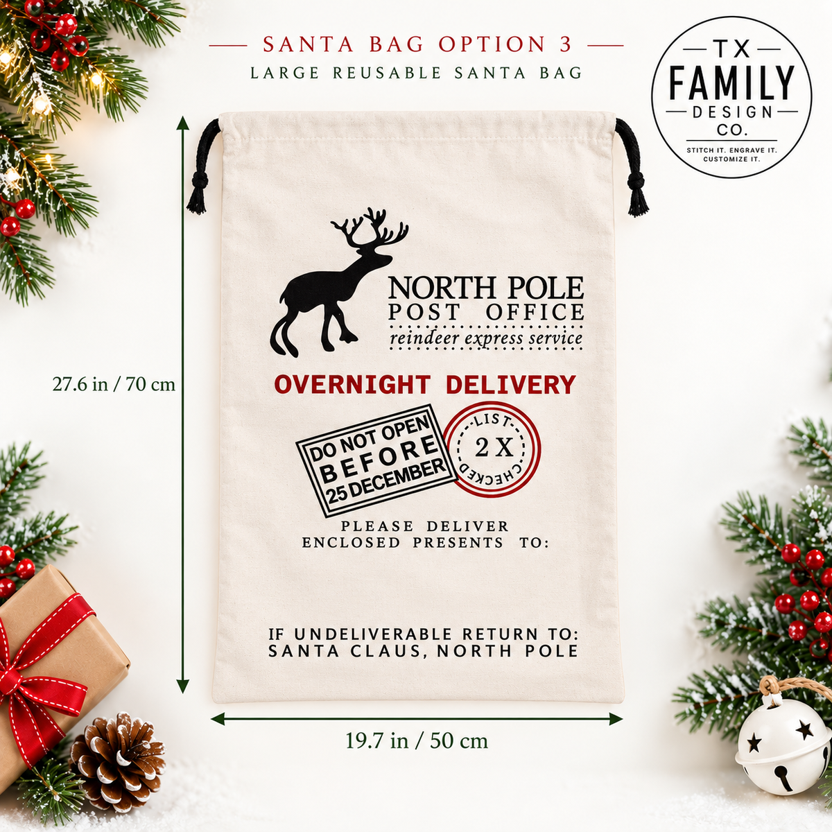 Personalized Santa Bag, Embroidered Christmas Sack, Custom Name Santa Sack, Large Reusable Christmas Gift Bag for Kids