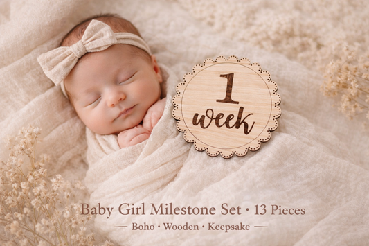 Baby Girl Milestone Discs – Wooden Monthly Milestone Set | First Year Photo Props | Neutral Nursery Keepsake Gift