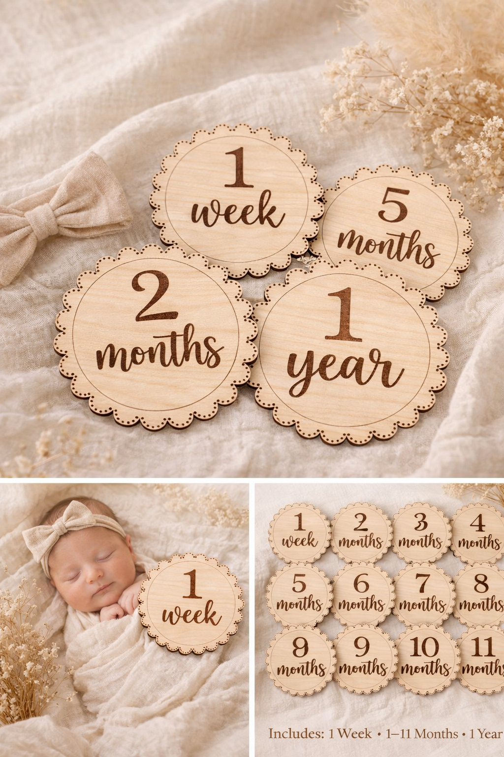 Baby Girl Milestone Discs – Wooden Monthly Milestone Set | First Year Photo Props | Neutral Nursery Keepsake Gift
