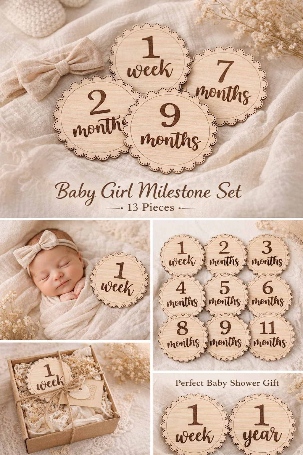 Baby Girl Milestone Discs – Wooden Monthly Milestone Set | First Year Photo Props | Neutral Nursery Keepsake Gift