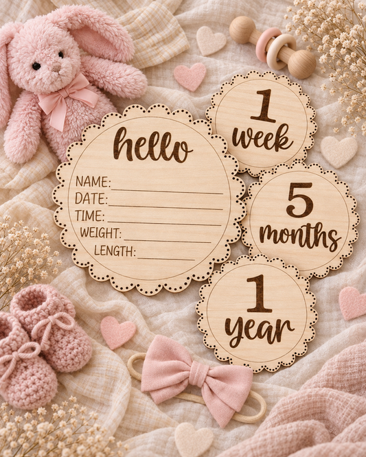 Wooden Baby Milestone & Birth Announcement Bundle | Newborn Photo Keepsake Set
