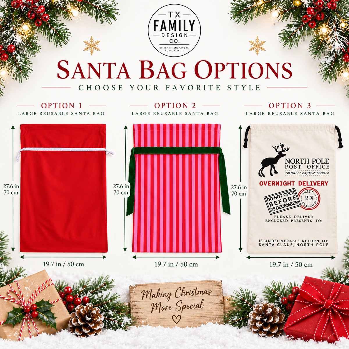 Personalized Santa Bag, Embroidered Christmas Sack, Custom Name Santa Sack, Large Reusable Christmas Gift Bag for Kids